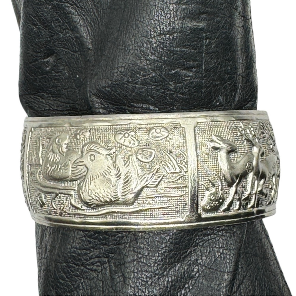 Tibetan Silver Bangle Cuff Bracelet with Peacocks, Love Birds and Deer Scenes - Picture 7 of 12